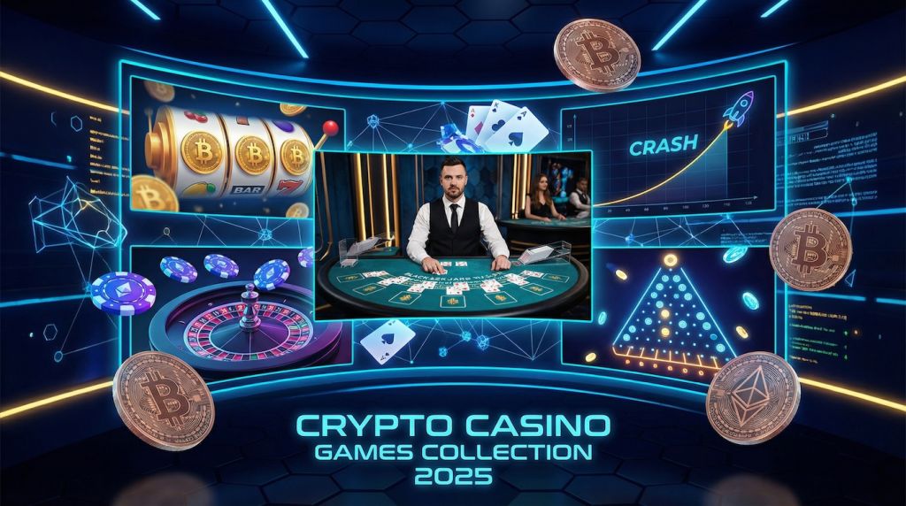 Crypto casino games collage showing live dealer blackjack, Bitcoin slot reels, roulette wheel with crypto chips, poker cards, crash game with no deposit bonus overlay and free play badges