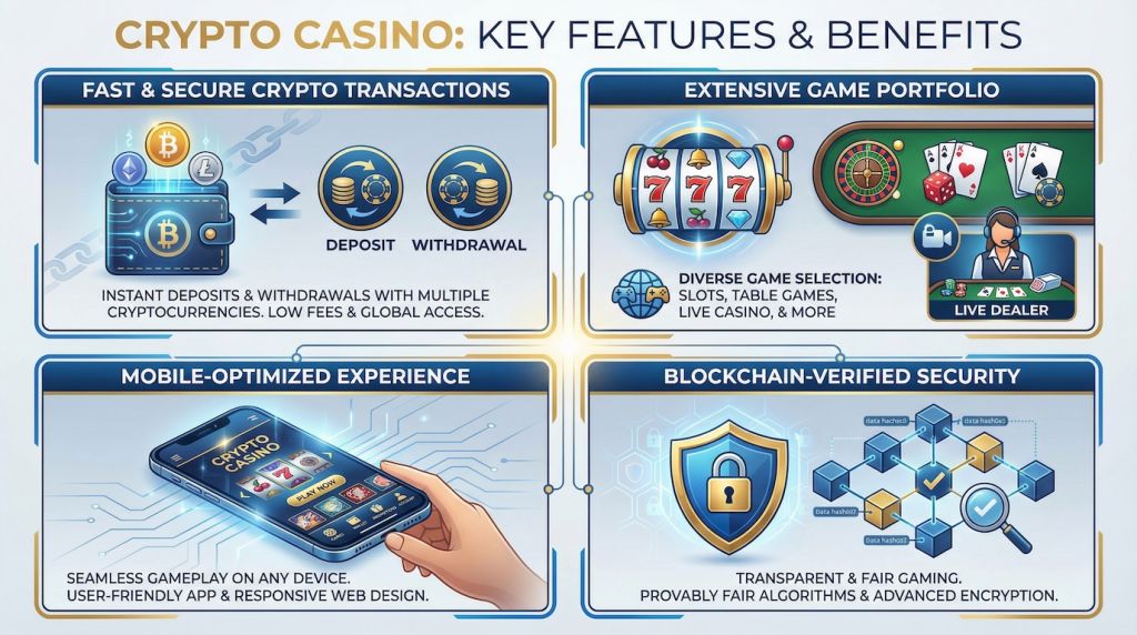 Crypto casino features infographic showing four key elements: cryptocurrency deposits and withdrawals, diverse game selection, mobile gaming, and blockchain security verification