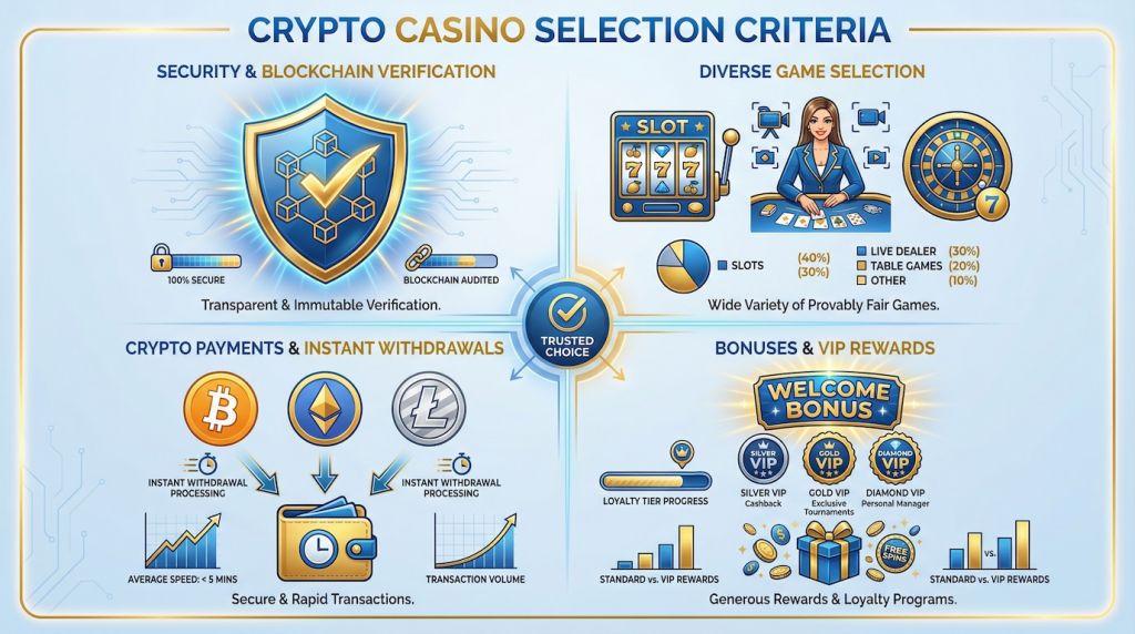 Crypto casino no deposit bonus guide infographic showing bonus terms, wagering requirements calculator, cryptocurrency withdrawal options, and free spins counter with verification badges