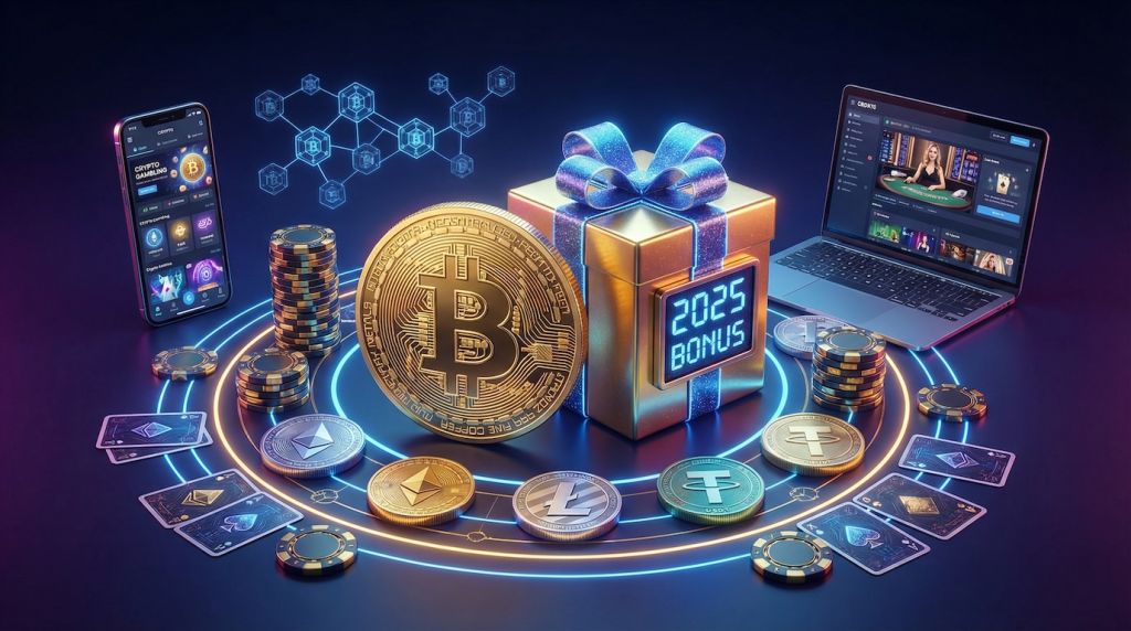 Bitcoin coin with golden no deposit bonus gift box surrounded by Ethereum, Litecoin and USDT coins, free spins badges, casino chips, devices showing crypto casino platforms