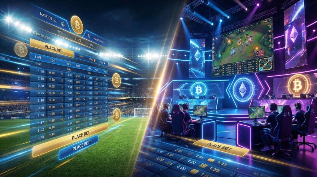 Top 10 crypto gambling sites 2025 ranking display with Bitcoin, Ethereum and Litecoin coins on podium, digital trophy, casino game icons and devices showing crypto casino platforms
