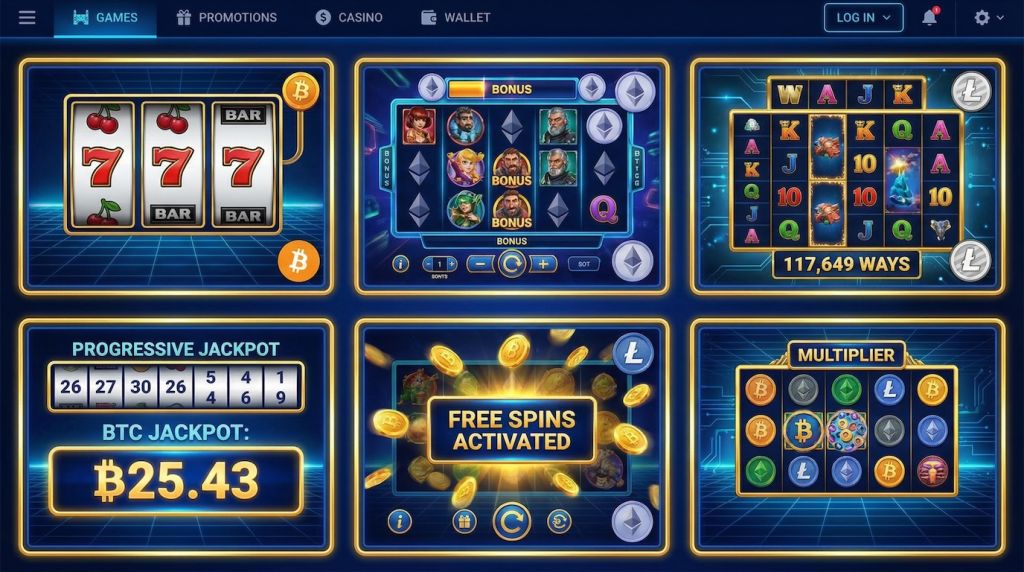 Grid showing six crypto slot game types including classic slots, video slots, megaways, progressive jackpot, and free spins bonus screens with Bitcoin symbols