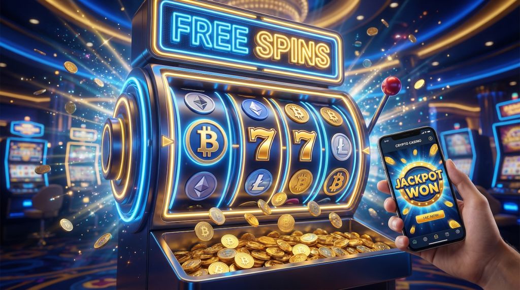 Glowing slot machine reels with Bitcoin symbols and 777 spinning, golden coins falling, free spins neon text, smartphone displaying crypto casino jackpot app