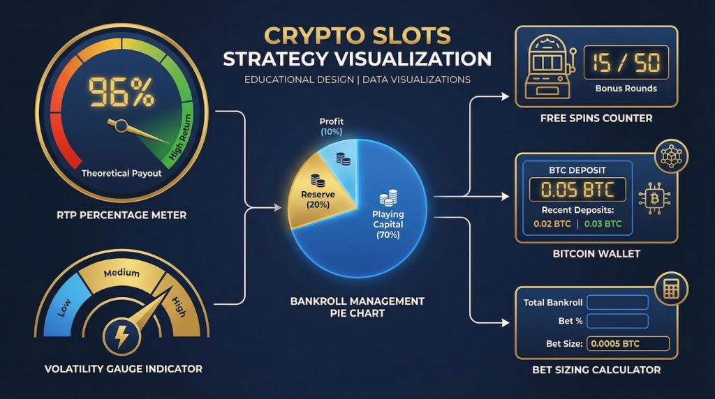 Slots strategy infographic displaying RTP percentage meter, volatility gauge, bankroll management chart, free spins counter, Bitcoin wallet and bet sizing calculator