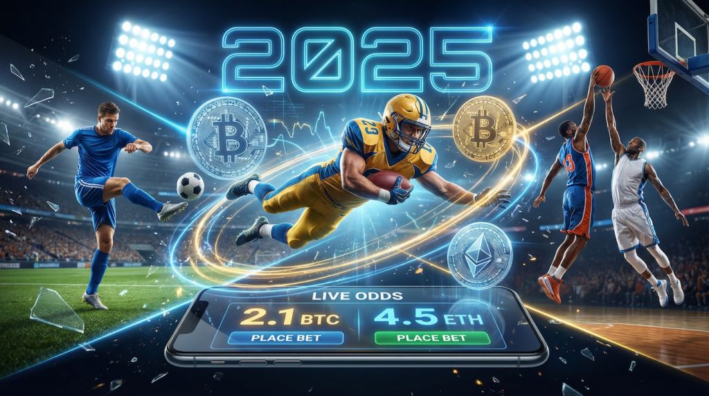 Sports betting 2025 collage with football, basketball and soccer action, Bitcoin and cryptocurrency coins overlay, smartphone displaying live betting odds with stadium lighting