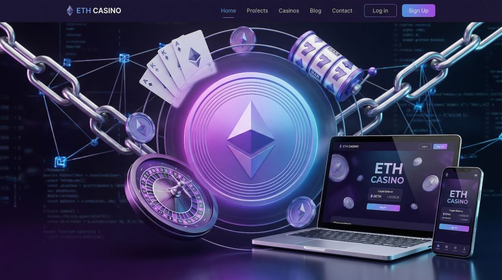 Large Ethereum coin with purple glow surrounded by casino elements including roulette wheel, playing cards and slots, blockchain connections, devices showing ETH casino platforms
