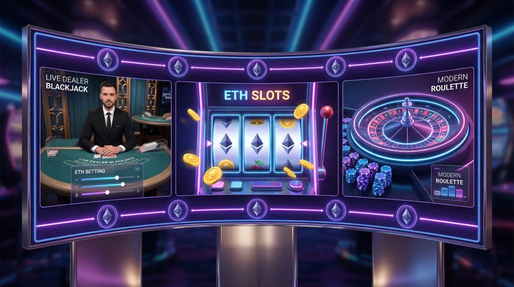 Three-panel Ethereum casino games display showing ETH slots with spinning reels, live dealer blackjack table with ETH betting, and roulette wheel with cryptocurrency chips