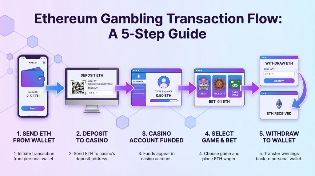 Step-by-step Ethereum gambling guide showing wallet interface, ETH deposit to casino, funded account dashboard, game betting with ETH, and withdrawal process back to wallet