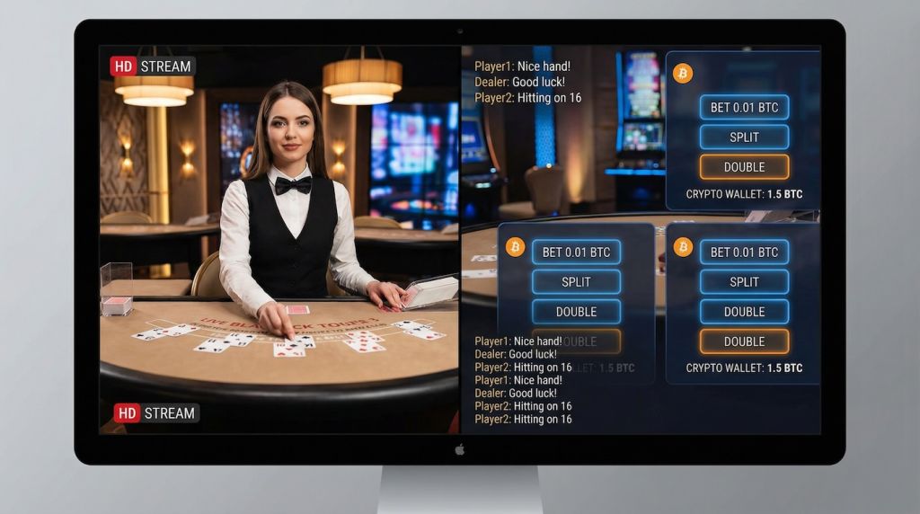 Live dealer Bitcoin blackjack split screen showing professional dealer at table and player betting interfaces with BTC amounts, real-time chat and crypto wallet integration