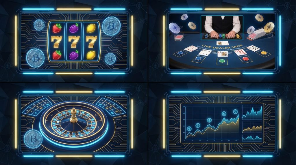 Diverse crypto casino game showcase: Split screen showing slots reels with fruit symbols and 777, live dealer blackjack table with cards, roulette wheel spinning, all with floating Bitcoin and Ethereum coins integrated, vibrant neon blue and gold accents, futuristic gaming interface aesthetic, dark background with subtle blockchain patterns, 16:9 aspect ratio