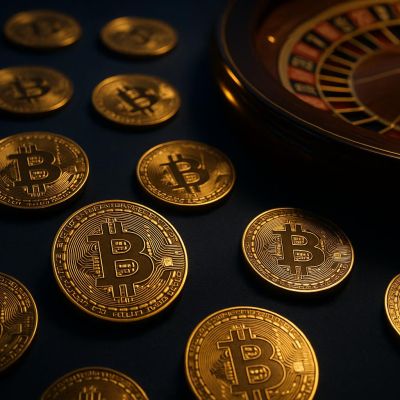 Bitcoin roulette gambling with cryptocurrency coins and casino wheel