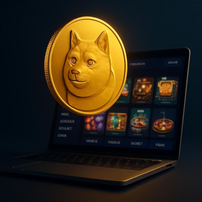 Dogecoin cryptocurrency coin displayed with online casino platform interface