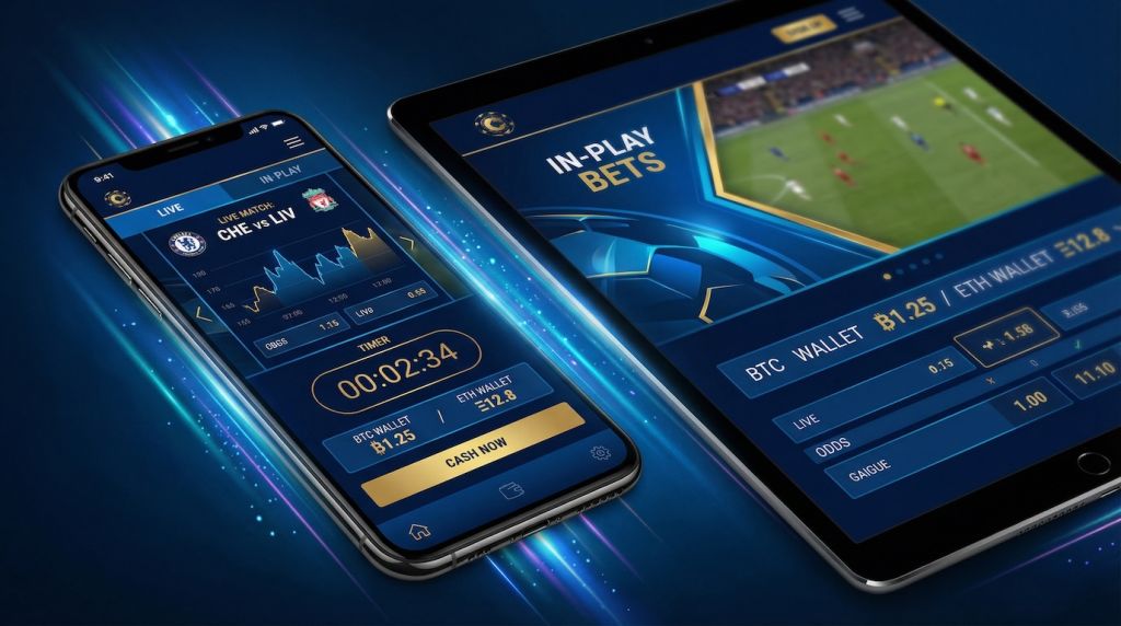 Split screen showing NFL football stadium and League of Legends esports arena with Bitcoin, Ethereum and USDT cryptocurrency icons connecting both betting markets