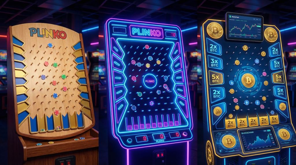 Three different Plinko casino game variations displayed side by side showing classic, modern neon, and crypto-themed boards with colorful multiplier slots