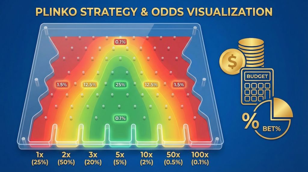 Plinko probability heat map showing odds distribution across multiplier slots with percentage calculations and bankroll management symbols