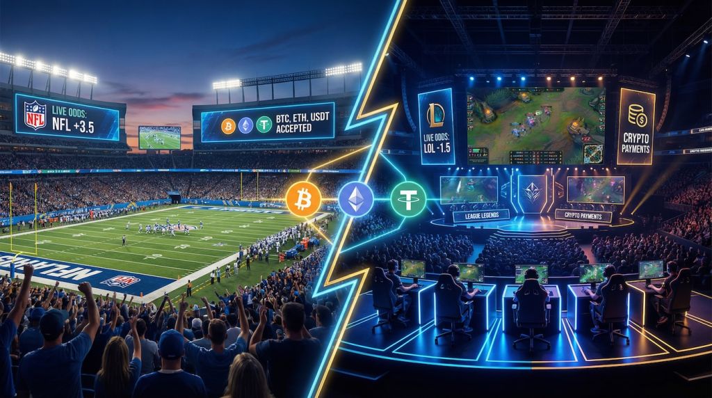 Mobile devices displaying live in-play betting interface with real-time odds, match updates, cryptocurrency wallet showing Bitcoin and Ethereum, soccer match streaming in background
