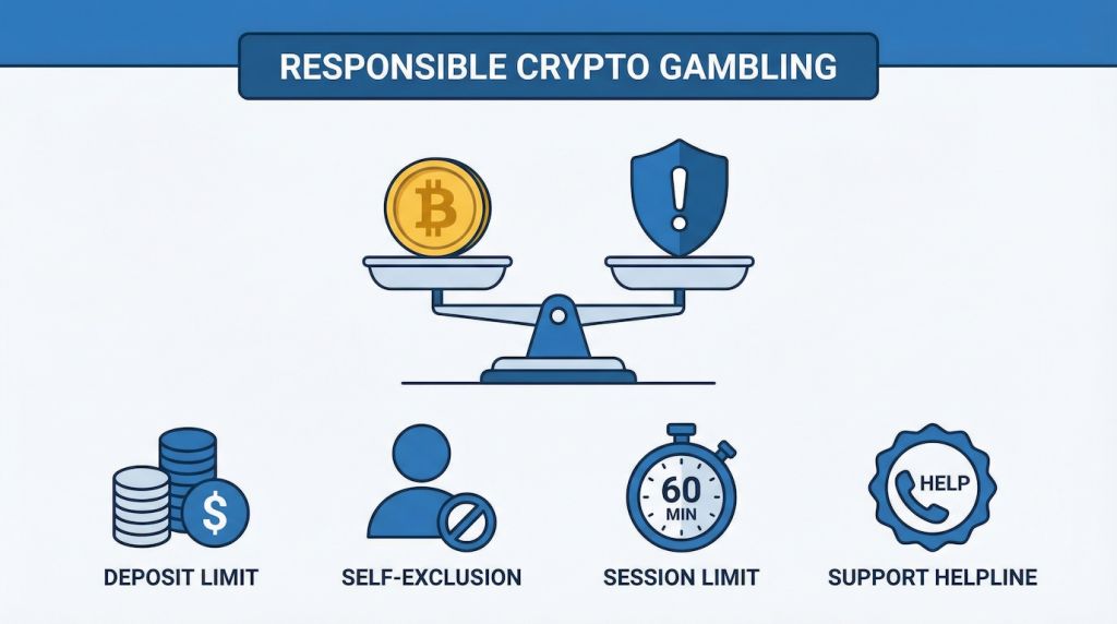 Balance scale with Bitcoin and caution shield representing responsible gambling, surrounded by deposit limit icons, self-exclusion symbols, session timers and support helpline badge