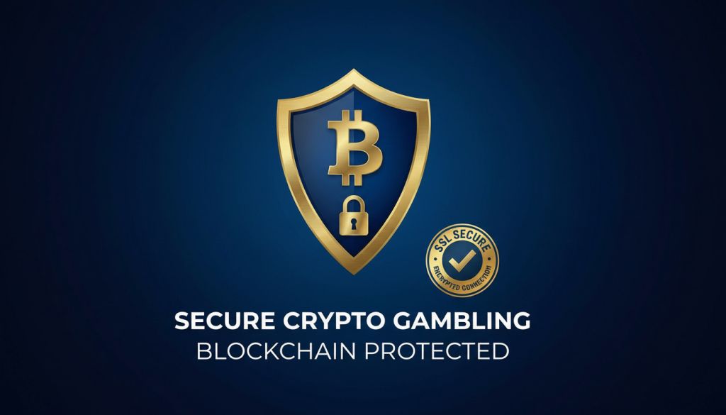 Golden shield with Bitcoin symbol and padlock icon next to SSL secure encrypted connection badge on dark blue background with text secure crypto gambling blockchain protected