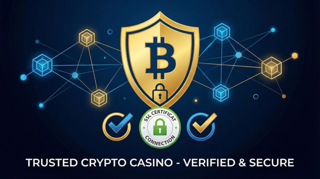 Golden shield with Bitcoin symbol and padlock, SSL certificate badge and checkmarks representing secure crypto casino encryption and blockchain protection