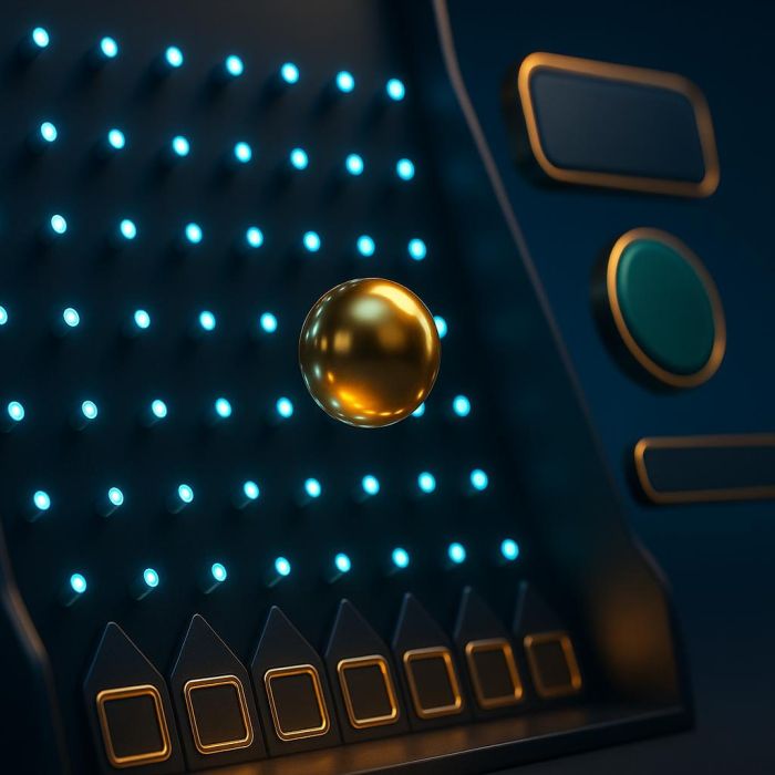 Digital plinko game board with illuminated pegs and golden ball in motion