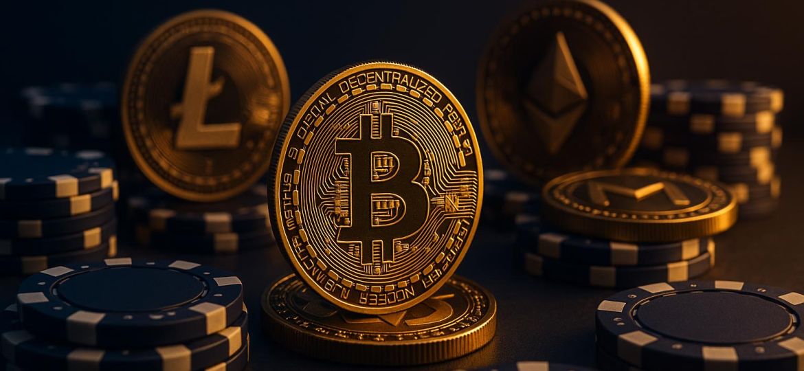 Cryptocurrency coins and casino chips representing digital gambling advantages