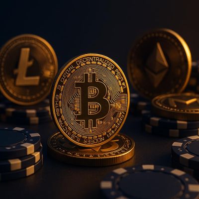 Cryptocurrency coins and casino chips representing digital gambling advantages