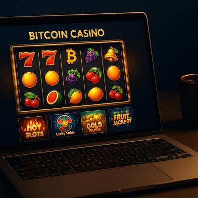 Bitcoin casino gaming platform displayed on laptop screen showing various casino games