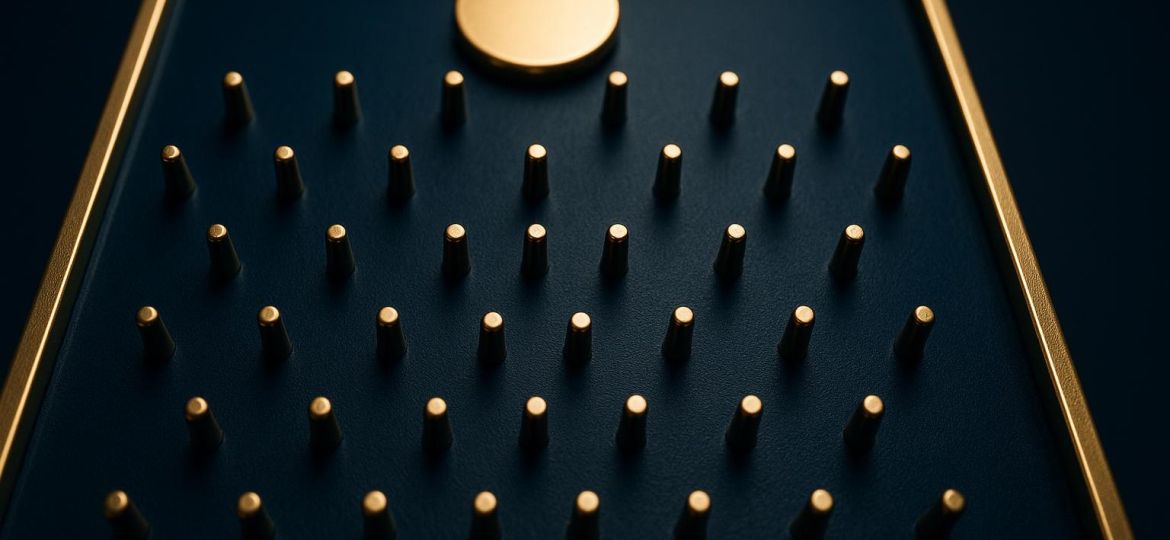 Close-up of Plinko board pegs showing game mechanics and ball drop path