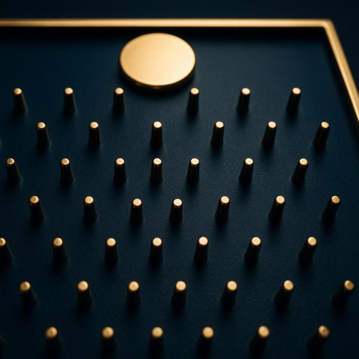 Close-up of Plinko board pegs showing game mechanics and ball drop path