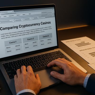 Cryptocurrency casino comparison research setup with laptop and withdrawal time documentation