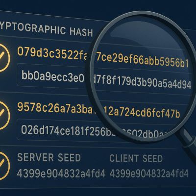 Cryptographic hash verification system showing provably fair betting technology with seed numbers and validation codes