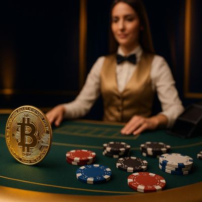 Bitcoin cryptocurrency coin at live dealer casino table with gaming setup
