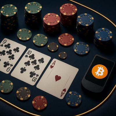 Bitcoin poker table setup with digital wallet and poker chips