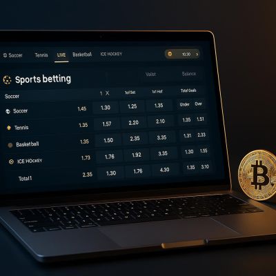 Cryptocurrency sports betting platform with digital wallet and crypto coins on desk
