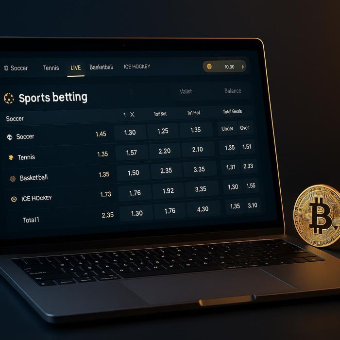 Cryptocurrency sports betting platform with digital wallet and crypto coins on desk