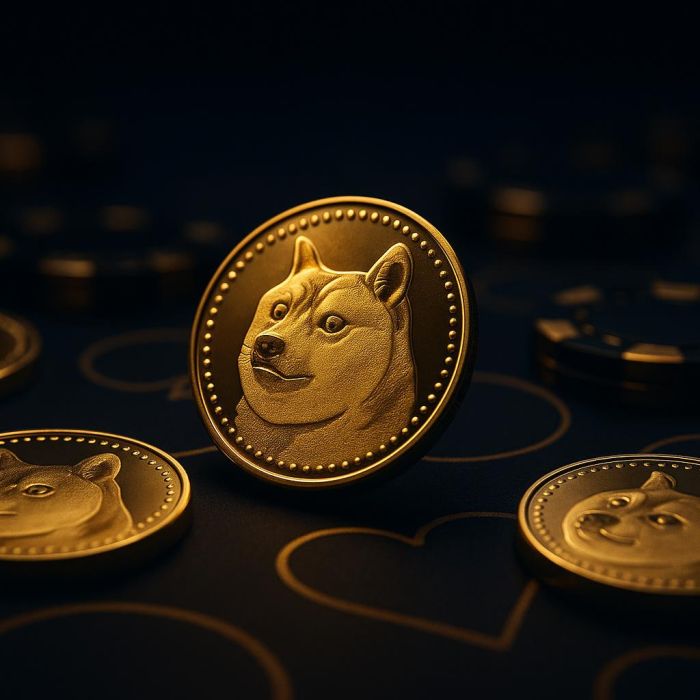 Dogecoin cryptocurrency coins on casino gaming table representing DOGE gambling platforms