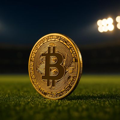 Bitcoin coin on sports field representing cryptocurrency sports betting