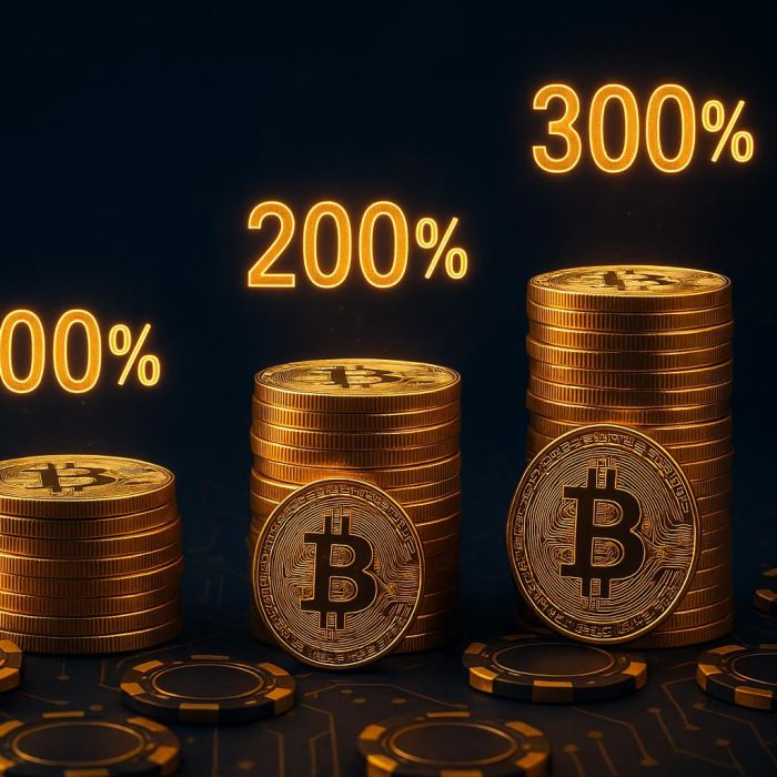 Tiered Bitcoin stacks representing multi-level cryptocurrency casino welcome bonus structures