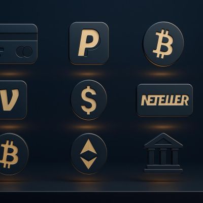 Various online casino withdrawal and payment methods displayed including e-wallets, cards, and digital payment options